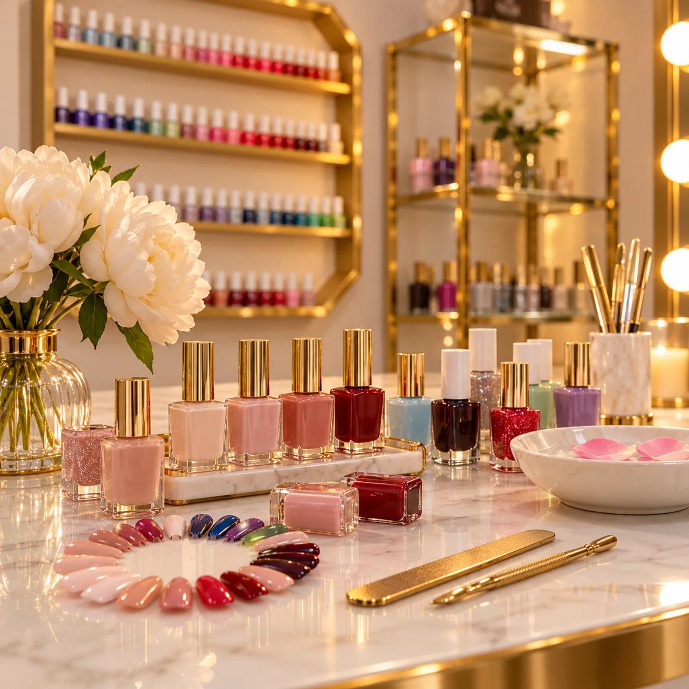 The nail bar, lined with colours and gold shelving