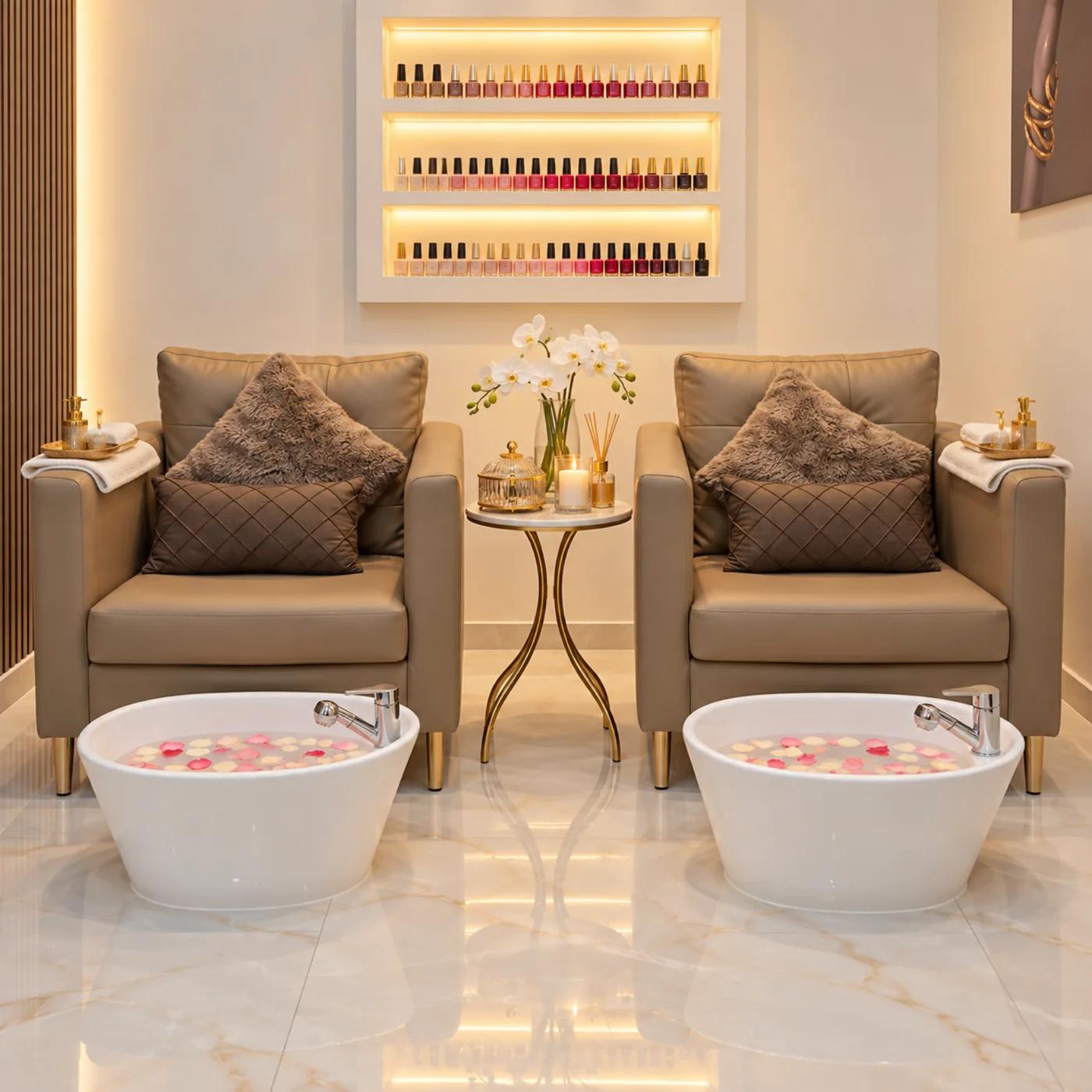 The pedicure lounge with rose-petal foot baths