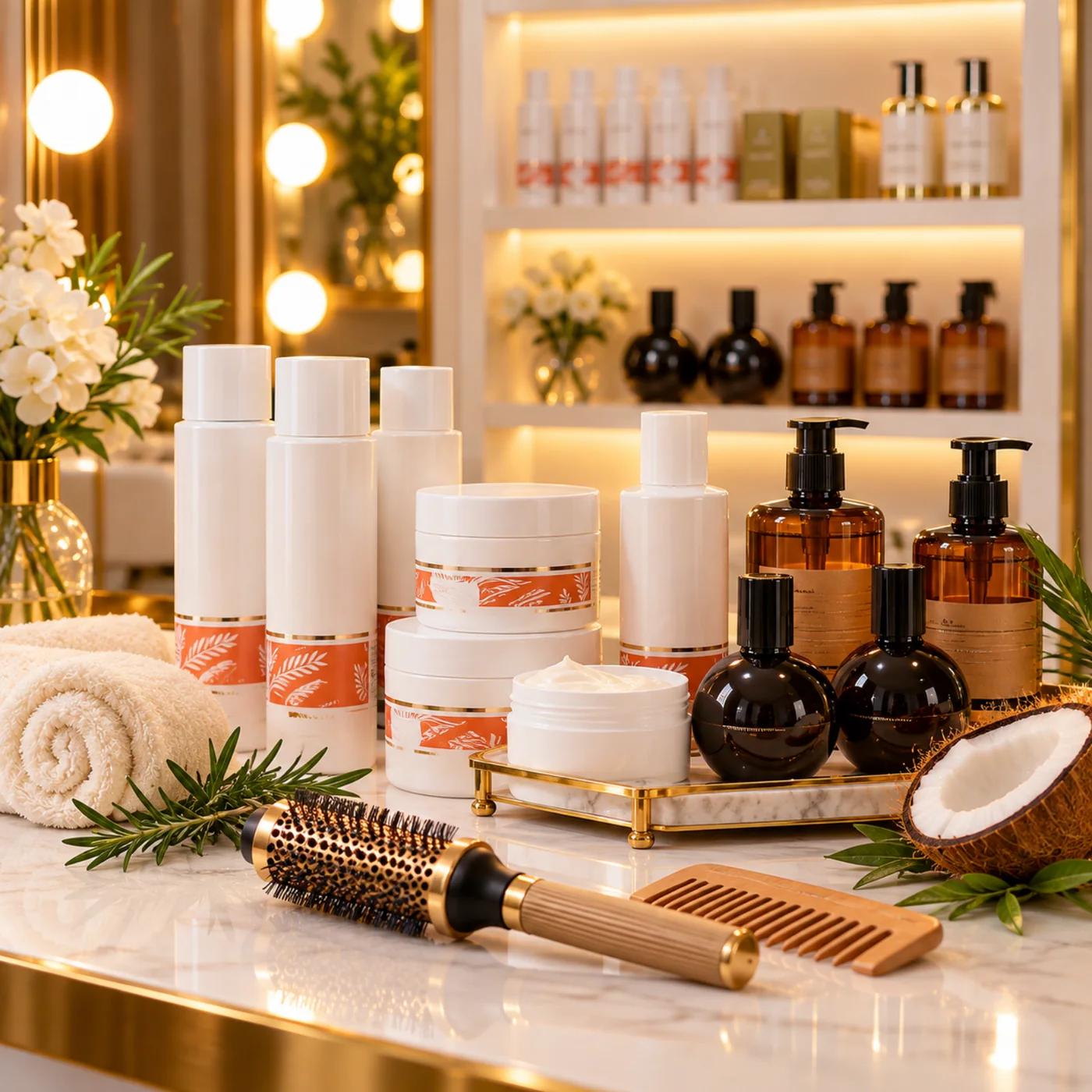Professional hair and skin care products on marble