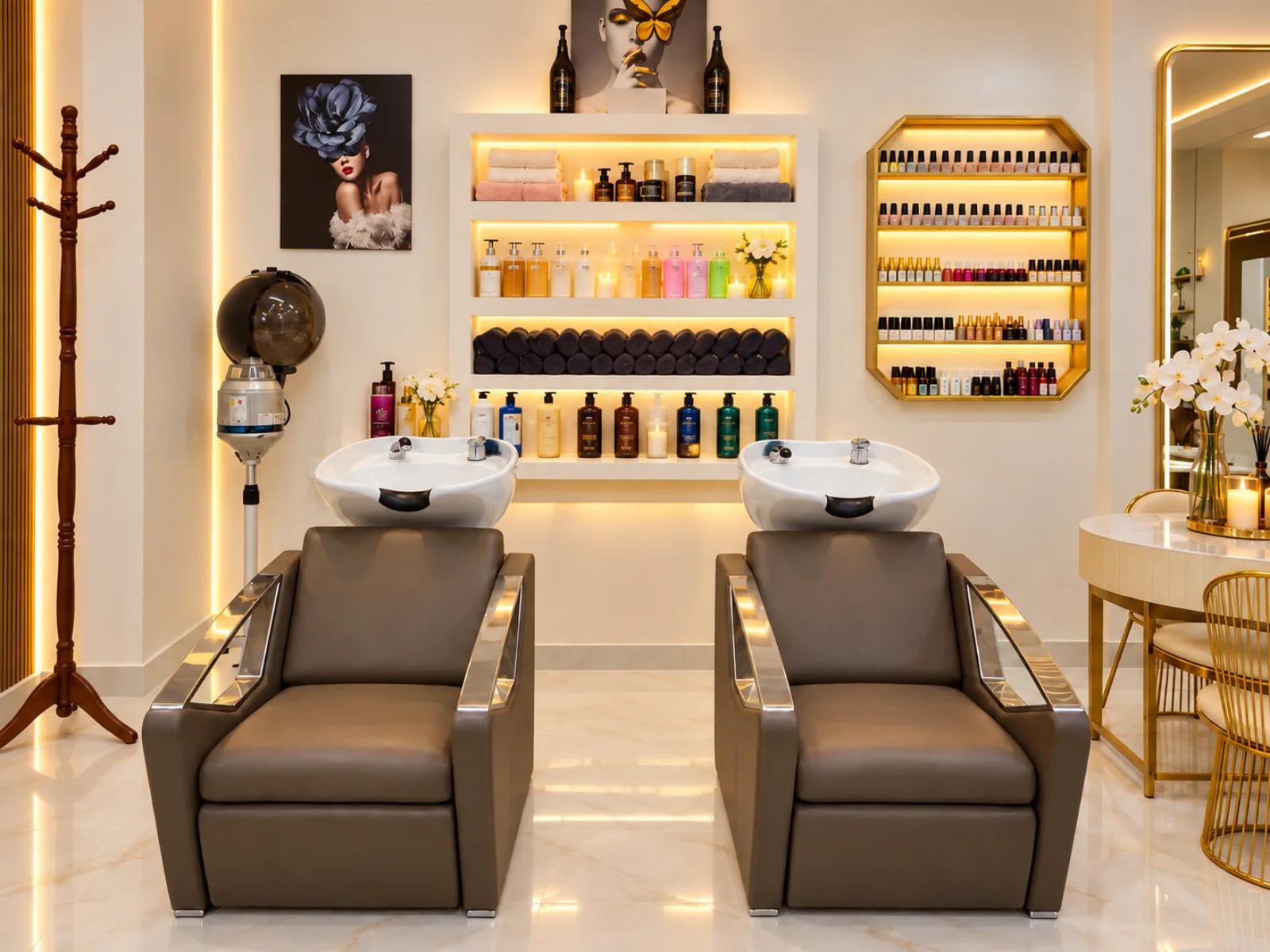 Twin wash stations under warm, glowing shelves