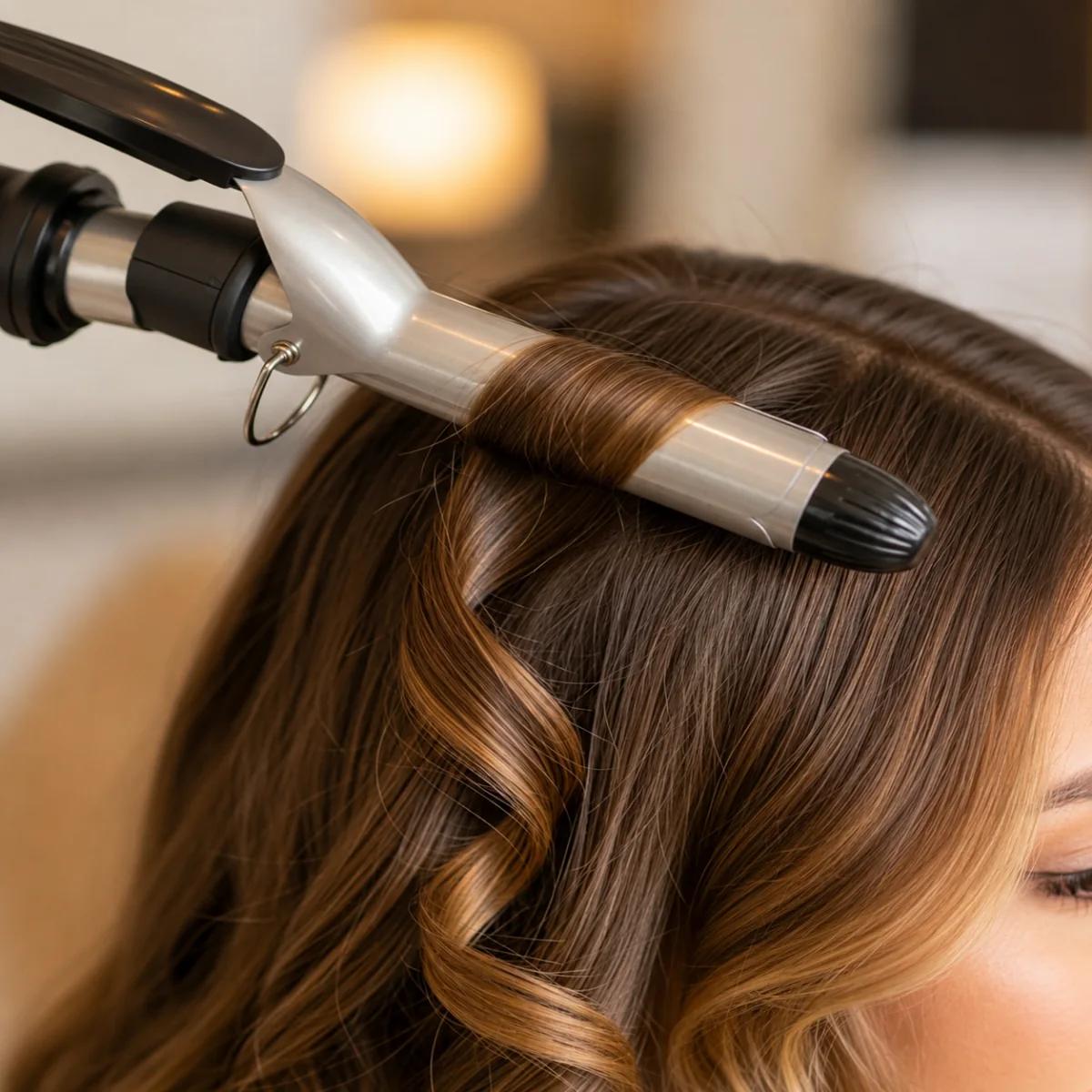 A curling wand shaping soft brunette waves