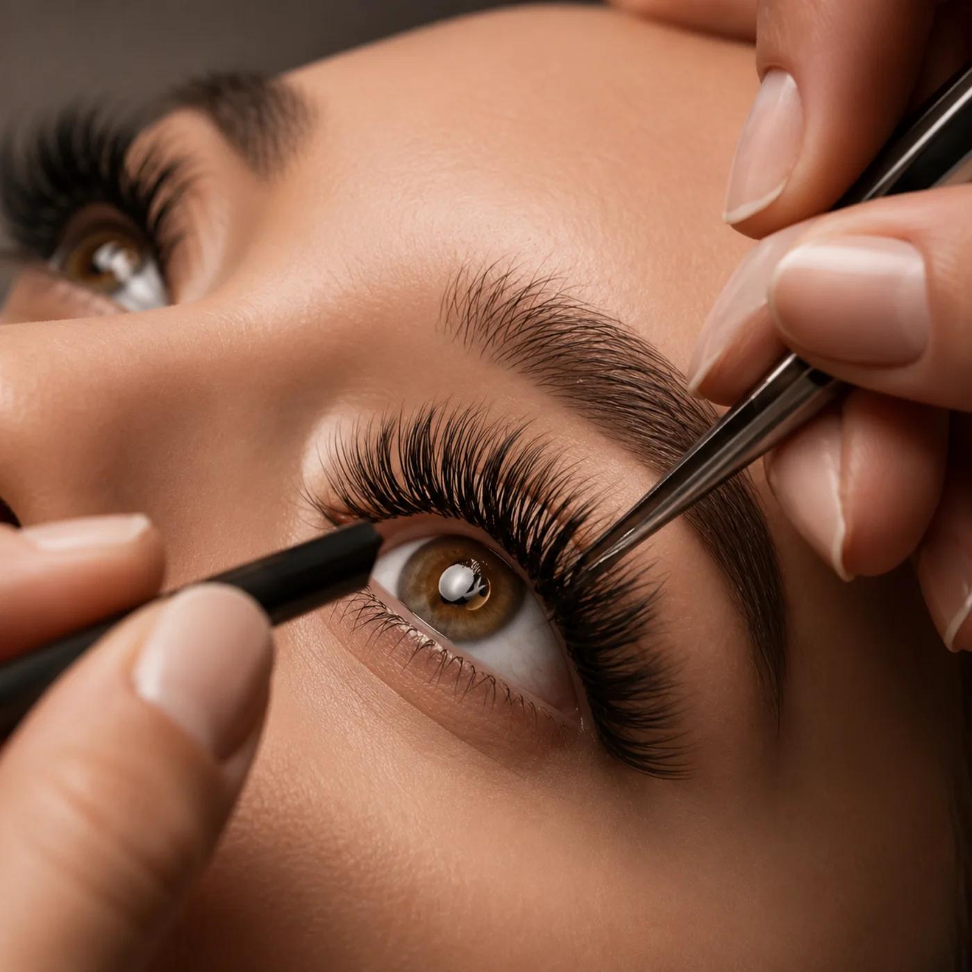 A close-up of full, fluttery lash extensions