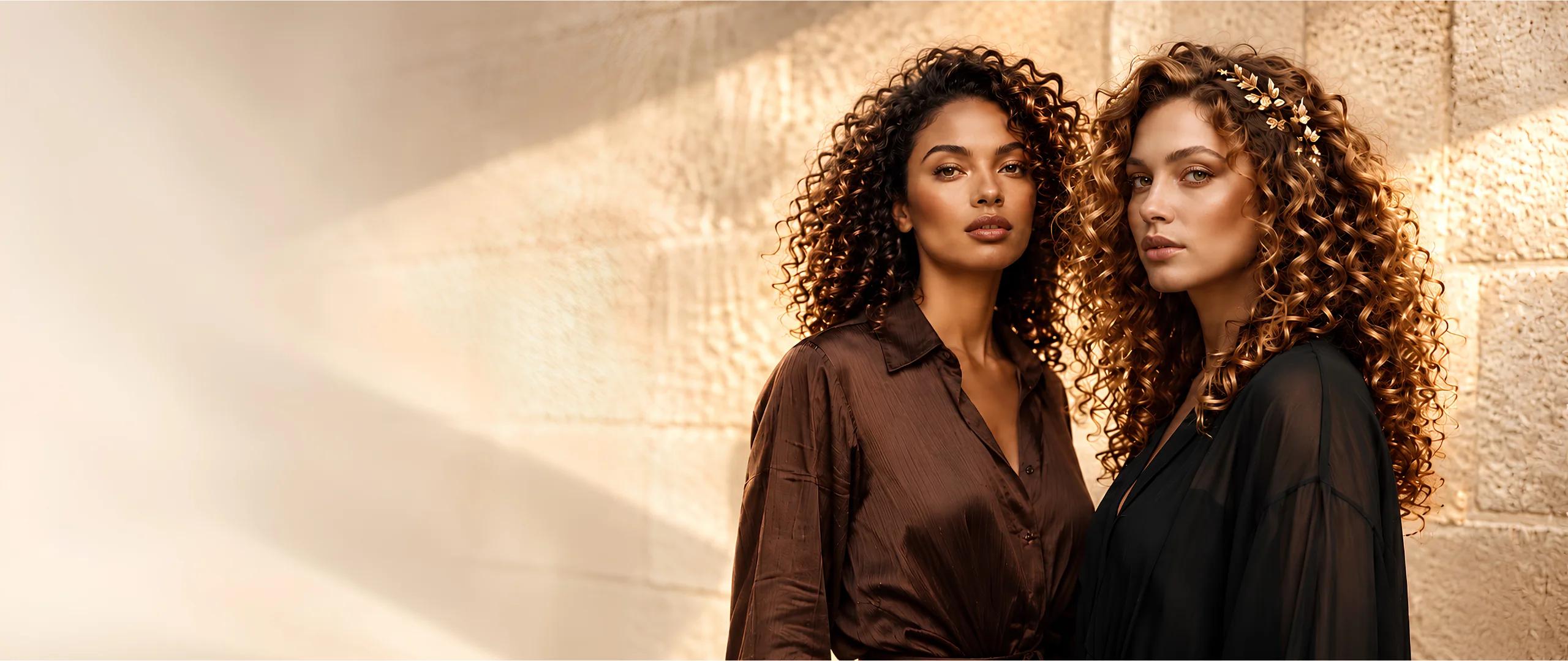 Two women with long, voluminous curls in warm light