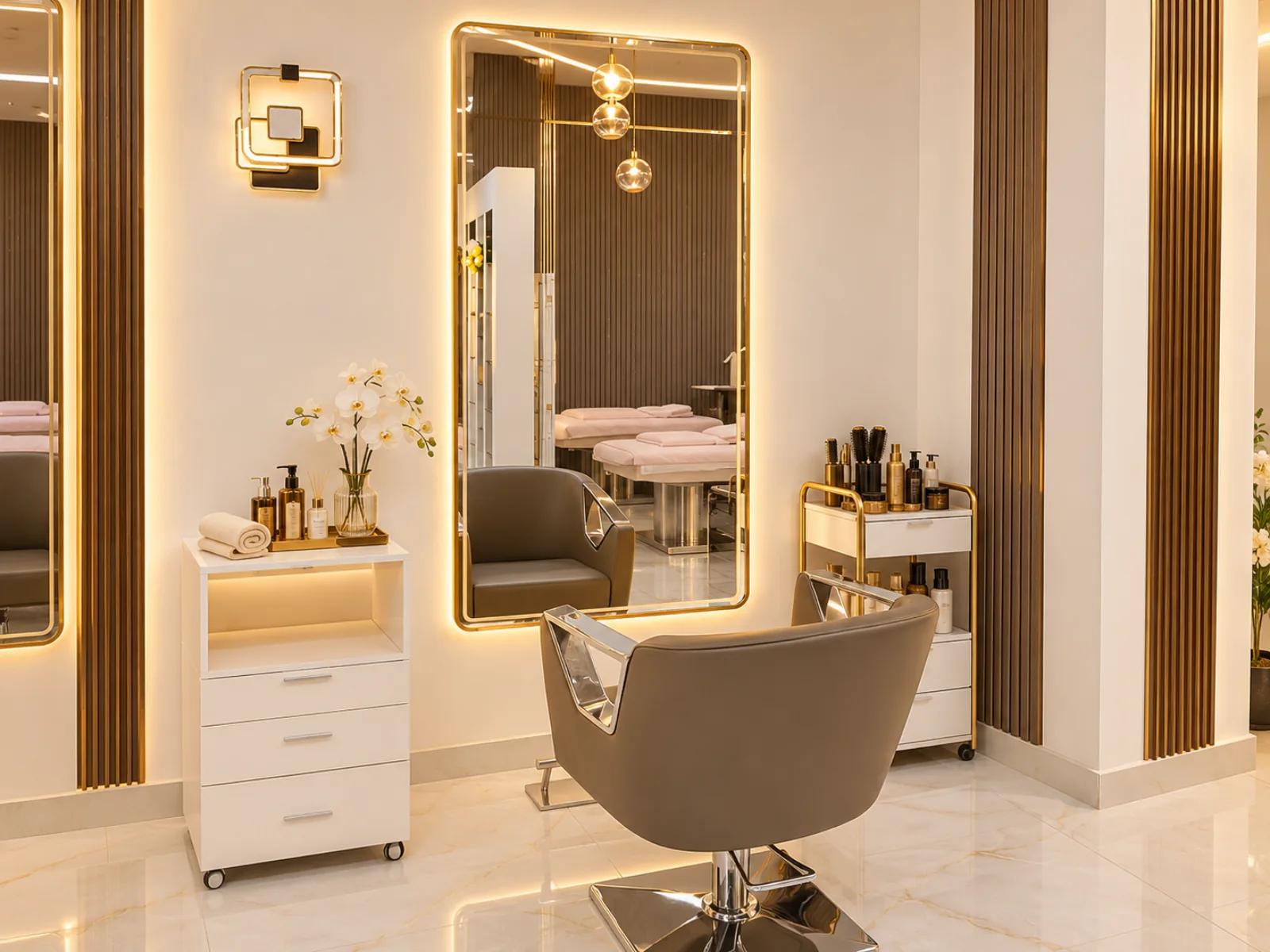 A styling station with a backlit mirror and a cream salon chair