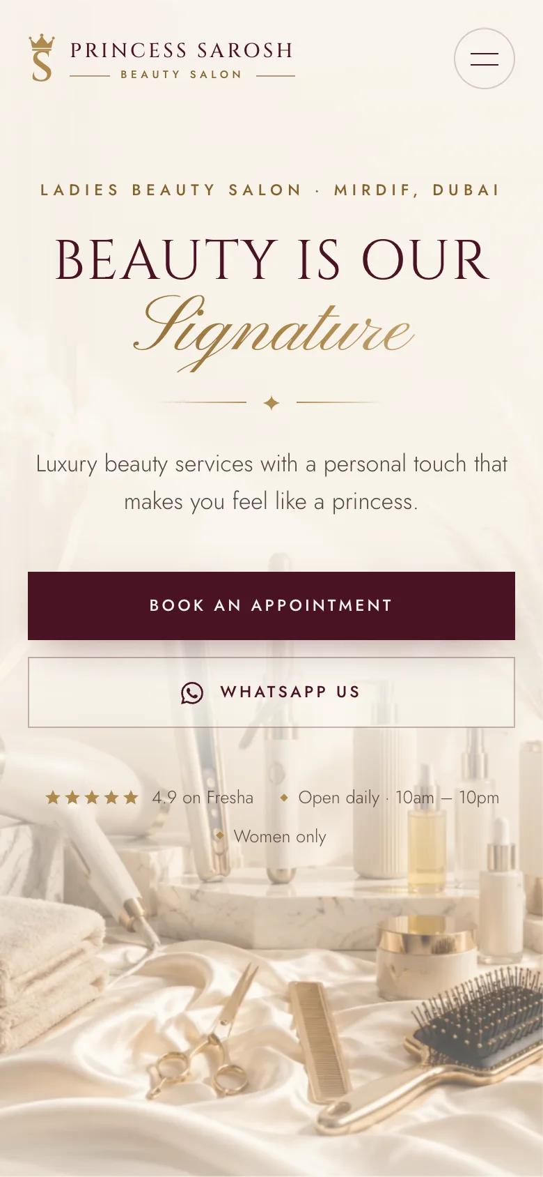 Princess Sarosh website on a phone